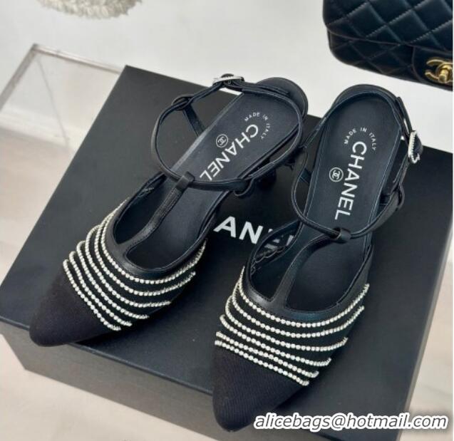 Low Price Chanel Mesh & Grosgrain Slingback Pumps 8.5cm with Strass Stripes Black Leather 407006