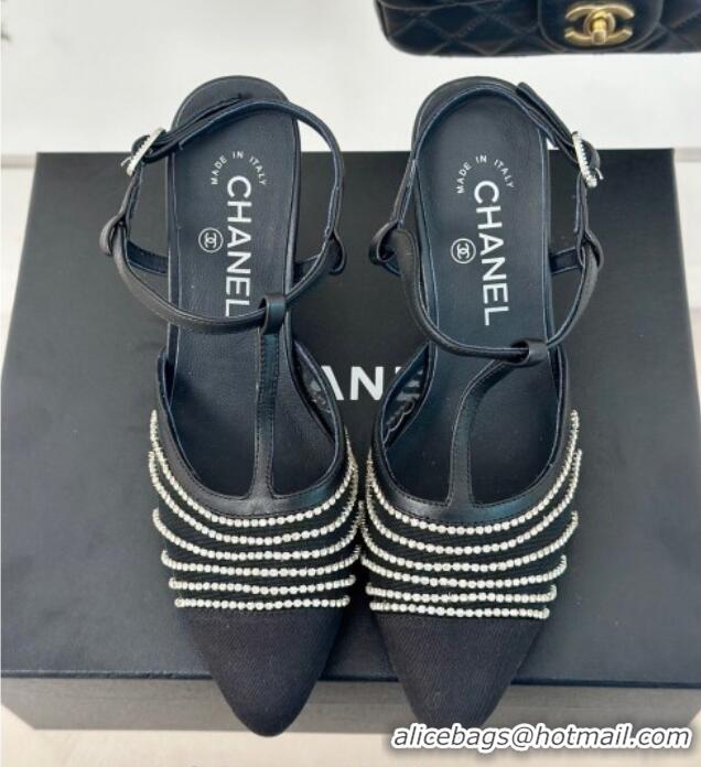 Low Price Chanel Mesh & Grosgrain Slingback Pumps 8.5cm with Strass Stripes Black Leather 407006