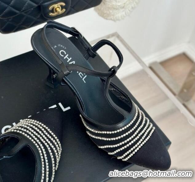 Low Price Chanel Mesh & Grosgrain Slingback Pumps 8.5cm with Strass Stripes Black Leather 407006