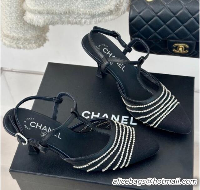 Low Price Chanel Mesh & Grosgrain Slingback Pumps 8.5cm with Strass Stripes Black Leather 407006