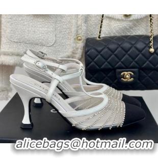 Popular Style Chanel Mesh & Grosgrain Slingback Pumps 8.5cm with Strass Stripes White 407007