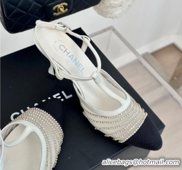 Popular Style Chanel Mesh & Grosgrain Slingback Pumps 8.5cm with Strass Stripes White 407007