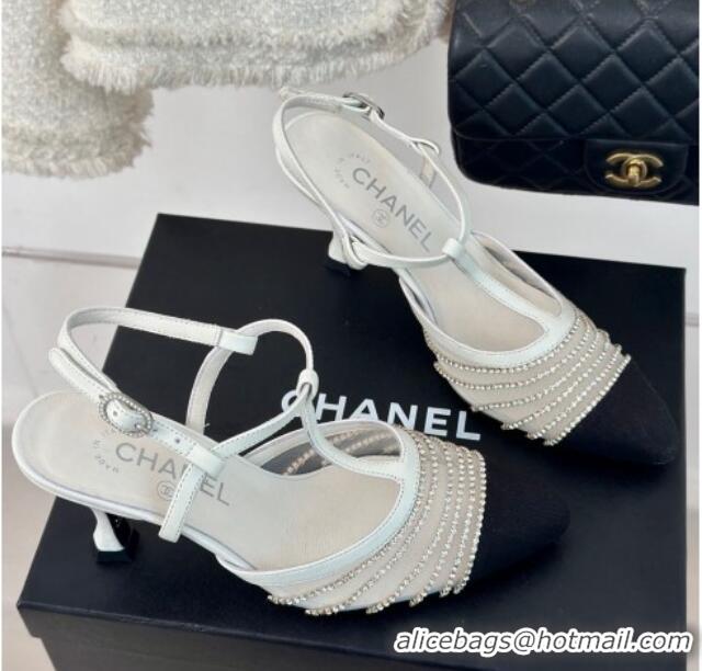 Popular Style Chanel Mesh & Grosgrain Slingback Pumps 8.5cm with Strass Stripes White 407007