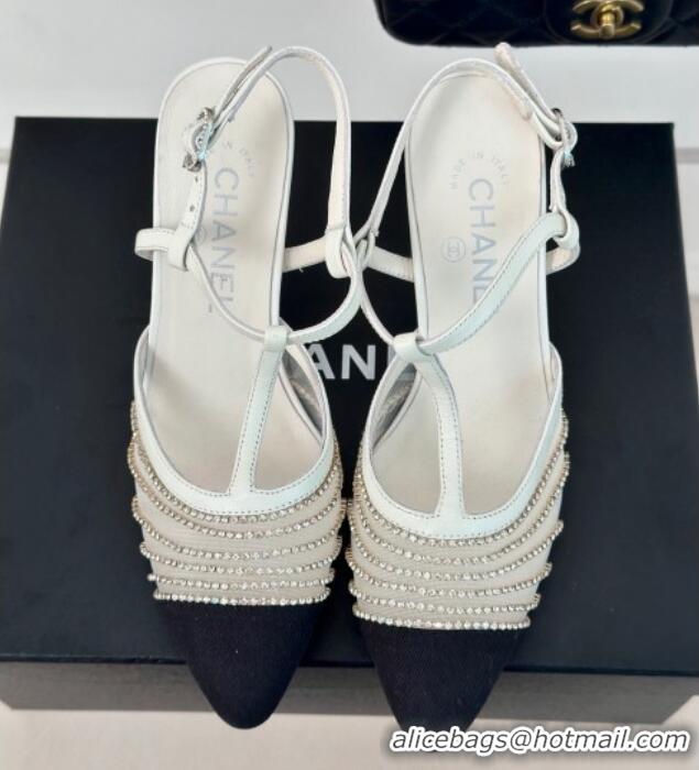 Popular Style Chanel Mesh & Grosgrain Slingback Pumps 8.5cm with Strass Stripes White 407007