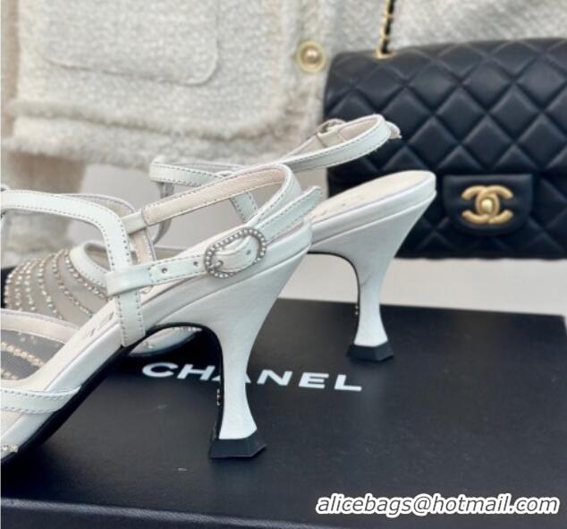 Popular Style Chanel Mesh & Grosgrain Slingback Pumps 8.5cm with Strass Stripes White 407007