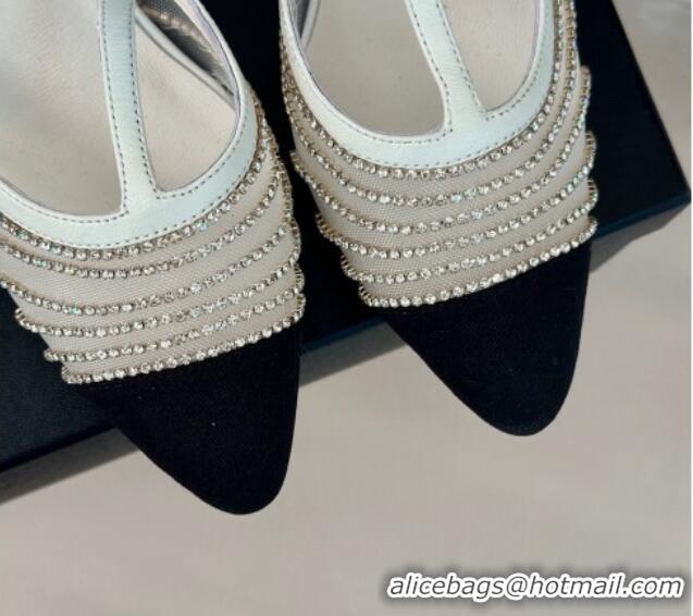 Popular Style Chanel Mesh & Grosgrain Slingback Pumps 8.5cm with Strass Stripes White 407007