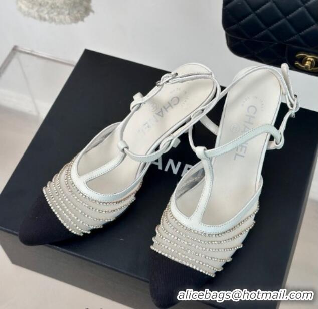 Popular Style Chanel Mesh & Grosgrain Slingback Pumps 8.5cm with Strass Stripes White 407007