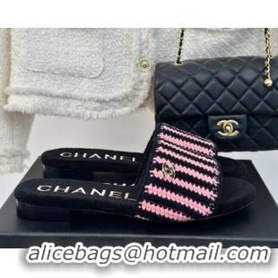 Top Design Chanel Braided Flat Slides Sandal Black/Pink 407009