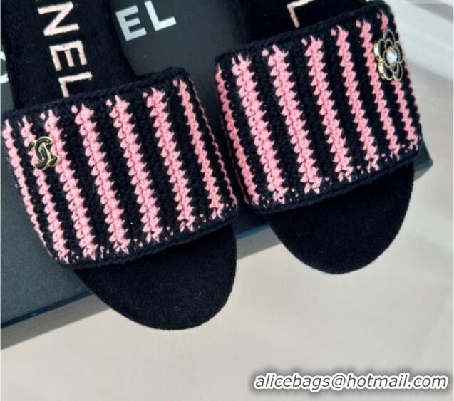 Top Design Chanel Braided Flat Slides Sandal Black/Pink 407009