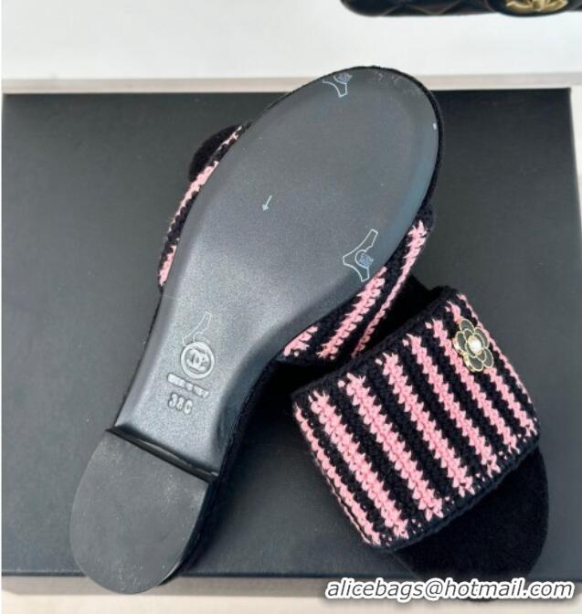 Top Design Chanel Braided Flat Slides Sandal Black/Pink 407009