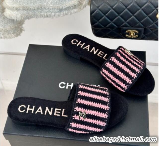 Top Design Chanel Braided Flat Slides Sandal Black/Pink 407009