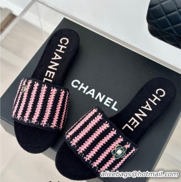 Top Design Chanel Braided Flat Slides Sandal Black/Pink 407009