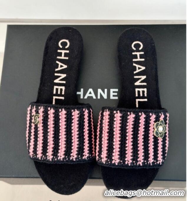 Top Design Chanel Braided Flat Slides Sandal Black/Pink 407009