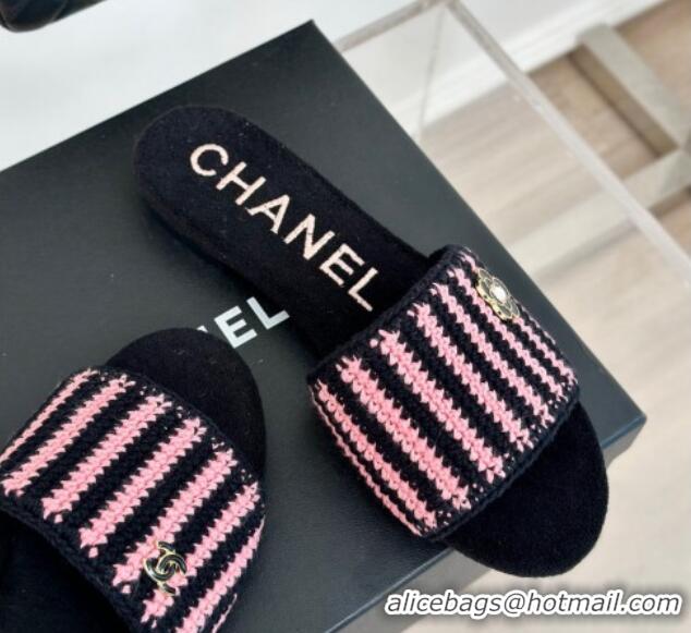 Top Design Chanel Braided Flat Slides Sandal Black/Pink 407009