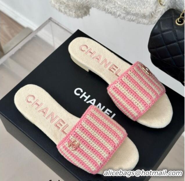 Stylish Chanel Braided Flat Slides Sandal Pink/Beige 407008