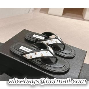 Charming Chanel Calfskin Flat Thong Slide Sandal with Charm White/Black 407011