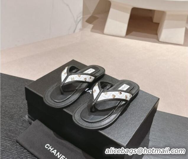 Charming Chanel Calfskin Flat Thong Slide Sandal with Charm White/Black 407011