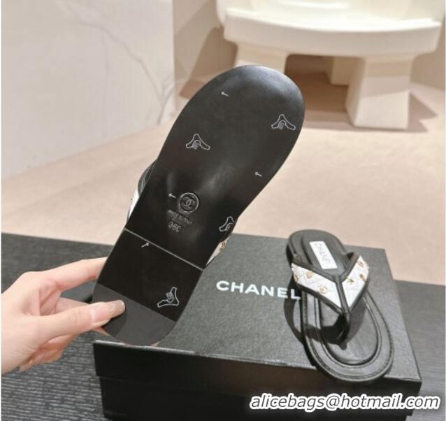 Charming Chanel Calfskin Flat Thong Slide Sandal with Charm White/Black 407011