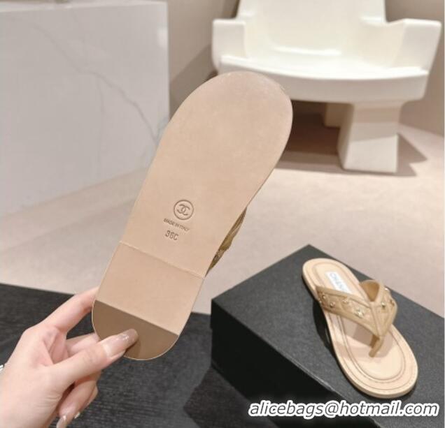 Good Product Chanel Calfskin Flat Thong Slide Sandal with Charm Beige 407012