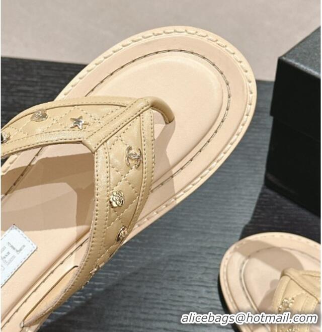 Good Product Chanel Calfskin Flat Thong Slide Sandal with Charm Beige 407012