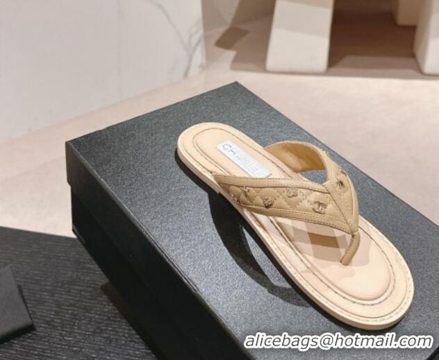 Good Product Chanel Calfskin Flat Thong Slide Sandal with Charm Beige 407012