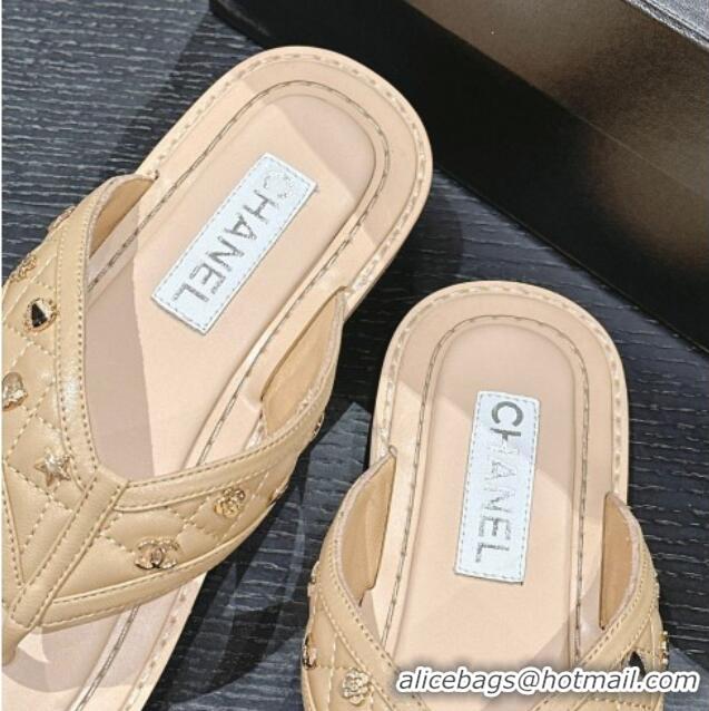 Good Product Chanel Calfskin Flat Thong Slide Sandal with Charm Beige 407012