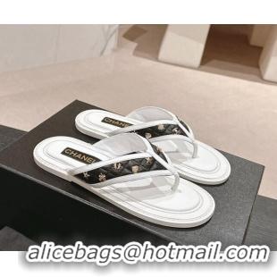 Sophisticated Chanel Calfskin Flat Thong Slide Sandal with Charm White/Black 407013