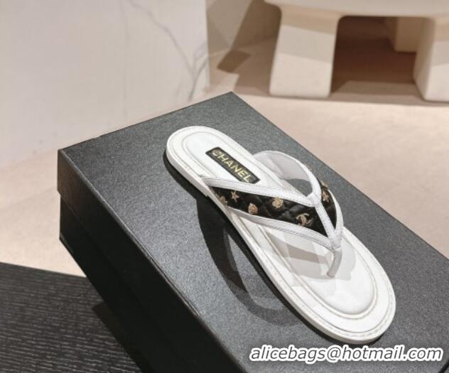 Sophisticated Chanel Calfskin Flat Thong Slide Sandal with Charm White/Black 407013