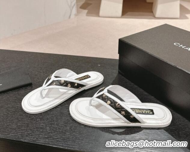 Sophisticated Chanel Calfskin Flat Thong Slide Sandal with Charm White/Black 407013