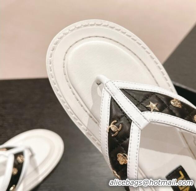 Sophisticated Chanel Calfskin Flat Thong Slide Sandal with Charm White/Black 407013