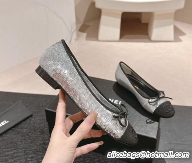 Hot Style Chanel Sequins Classic Ballet Flats Silver 407015