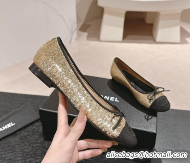 Top Design Chanel Sequins Classic Ballet Flats Gold 407016