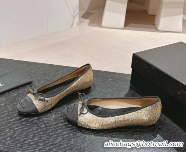 Top Design Chanel Sequins Classic Ballet Flats Gold 407016