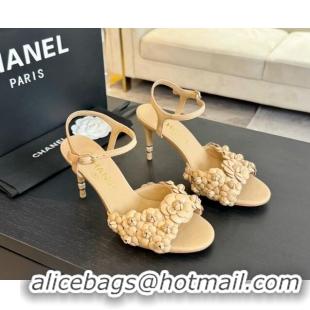 Trendy Design Chanel Lambskin Heel Sandals 8cm with Bloom Beige 407017