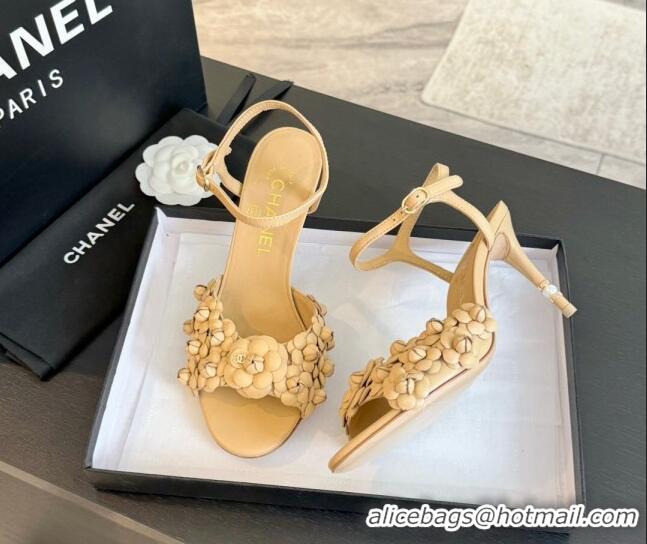 Trendy Design Chanel Lambskin Heel Sandals 8cm with Bloom Beige 407017