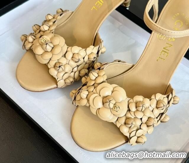 Trendy Design Chanel Lambskin Heel Sandals 8cm with Bloom Beige 407017