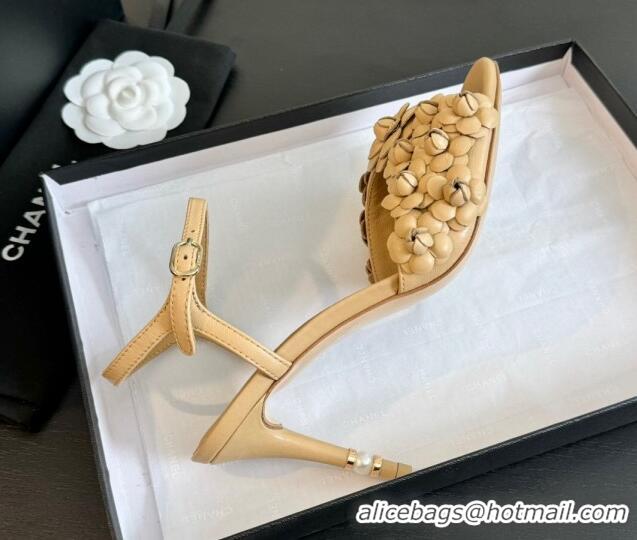 Trendy Design Chanel Lambskin Heel Sandals 8cm with Bloom Beige 407017