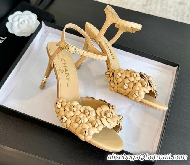 Trendy Design Chanel Lambskin Heel Sandals 8cm with Bloom Beige 407017