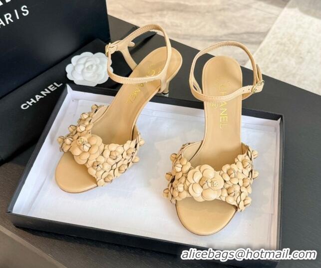 Trendy Design Chanel Lambskin Heel Sandals 8cm with Bloom Beige 407017