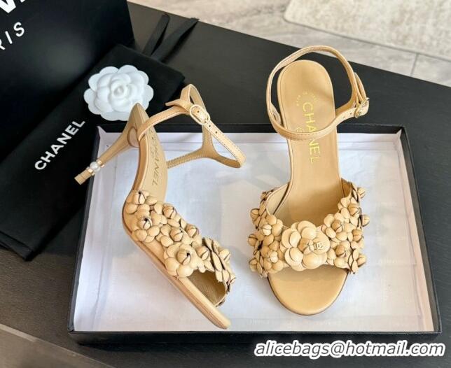 Trendy Design Chanel Lambskin Heel Sandals 8cm with Bloom Beige 407017