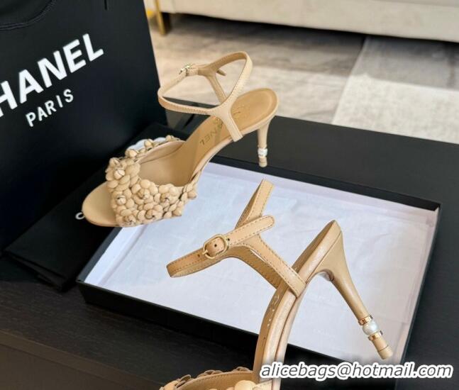 Trendy Design Chanel Lambskin Heel Sandals 8cm with Bloom Beige 407017