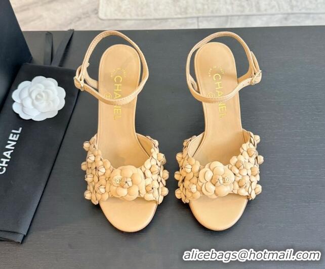 Trendy Design Chanel Lambskin Heel Sandals 8cm with Bloom Beige 407017