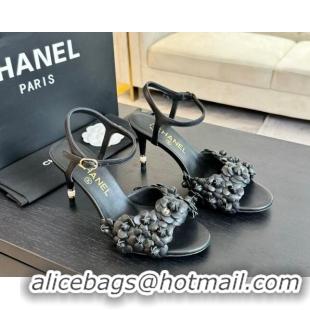 Good Product Chanel Lambskin Heel Sandals 8cm with Bloom Black 407018