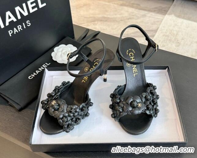 Good Product Chanel Lambskin Heel Sandals 8cm with Bloom Black 407018