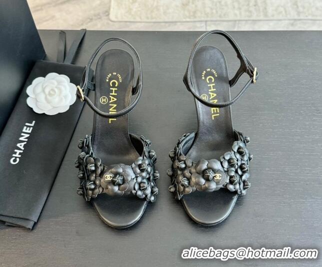 Good Product Chanel Lambskin Heel Sandals 8cm with Bloom Black 407018