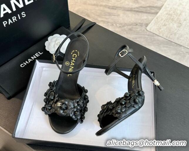 Good Product Chanel Lambskin Heel Sandals 8cm with Bloom Black 407018