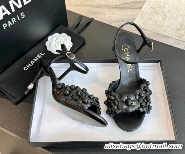 Good Product Chanel Lambskin Heel Sandals 8cm with Bloom Black 407018