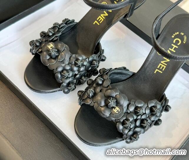 Good Product Chanel Lambskin Heel Sandals 8cm with Bloom Black 407018