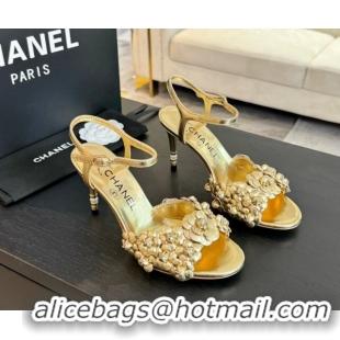 1:1 aaaaa Chanel Lambskin Heel Sandals 8cm with Bloom Gold 407019