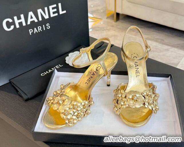 1:1 aaaaa Chanel Lambskin Heel Sandals 8cm with Bloom Gold 407019